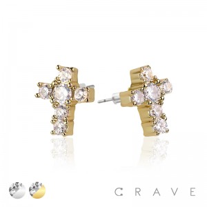 CROSS PAIR OF MICRO PAVED STAINLESS STEEL PIN EARRINGS